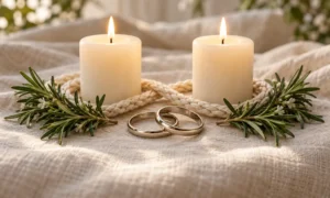 Two joined rings, ivory candles and flowers symbolizing mutual commitment