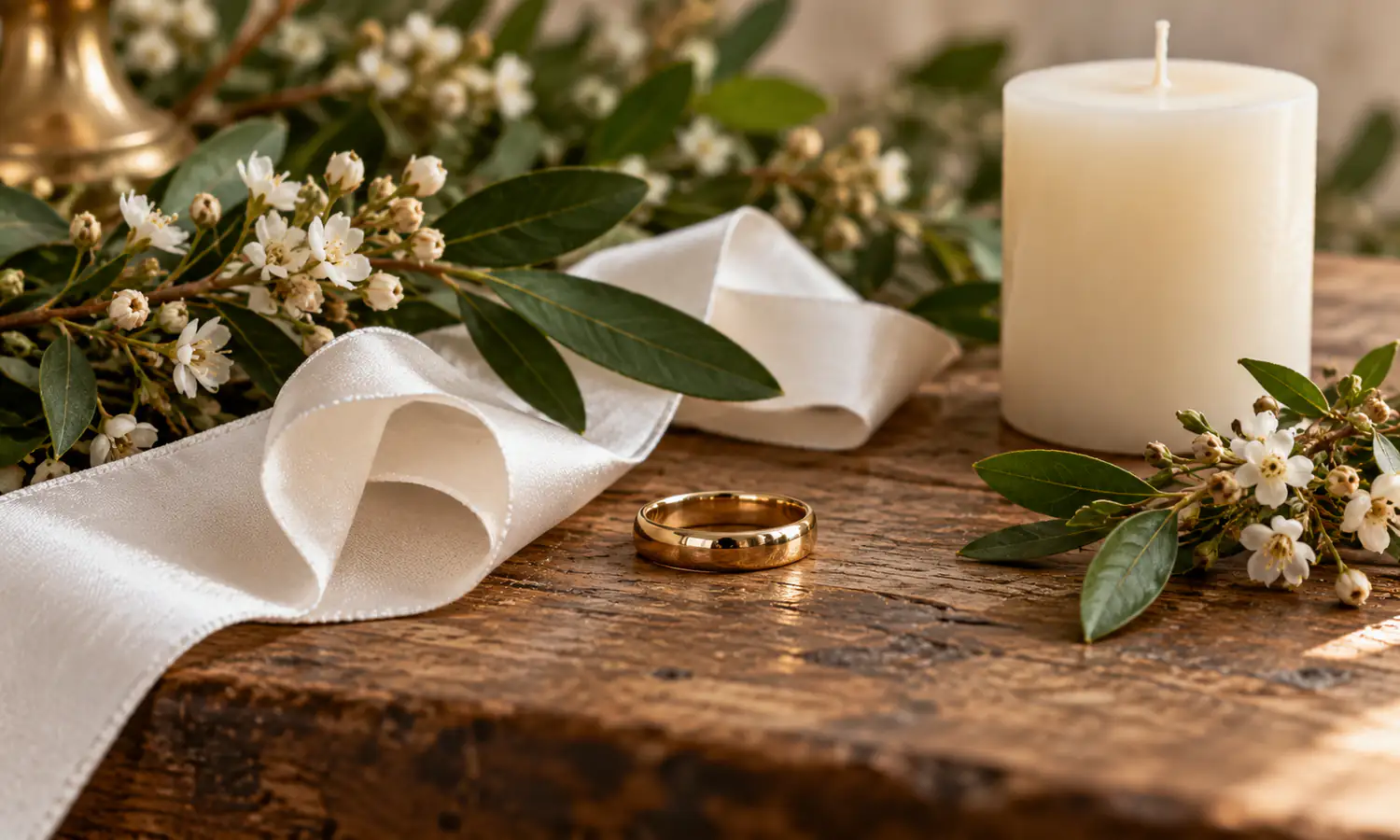 Wedding bands, white candles and flowers illustrating marriage ritual traditions