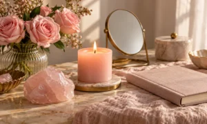 Pink candle, rose quartz, mirror and journal arranged for a self-love ritual