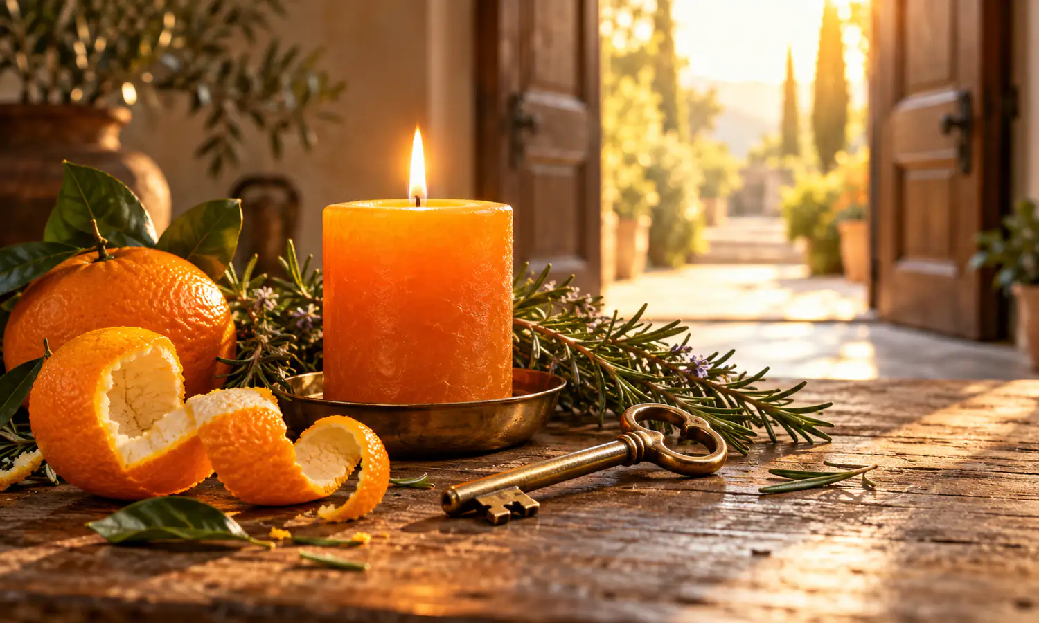 Brass key, orange candle and open doorway symbolizing a road opener ritual