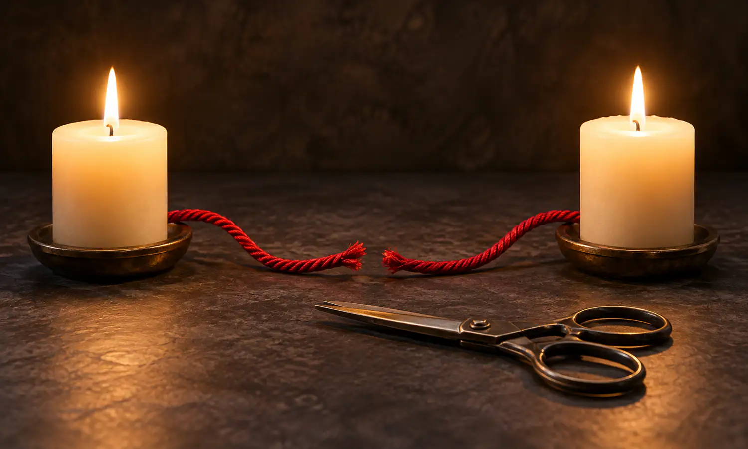 Two candles with a safely cut red cord and closed scissors