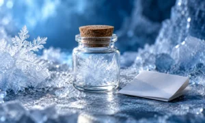 Sealed glass jar, frost and blank paper illustrating a freezer spell concept