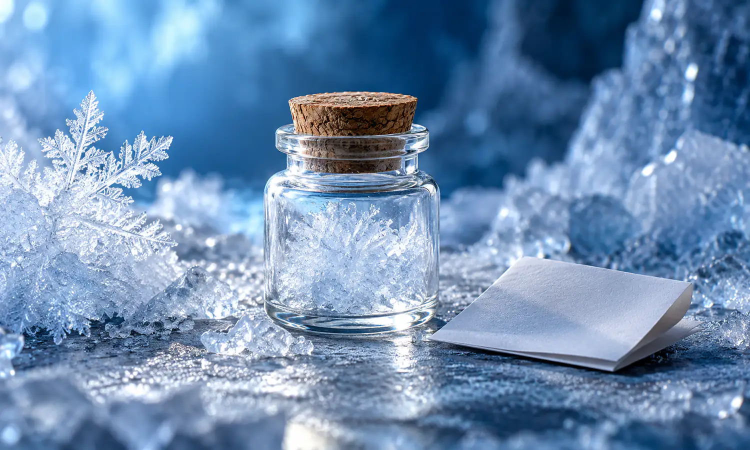 Sealed glass jar, frost and blank paper illustrating a freezer spell concept