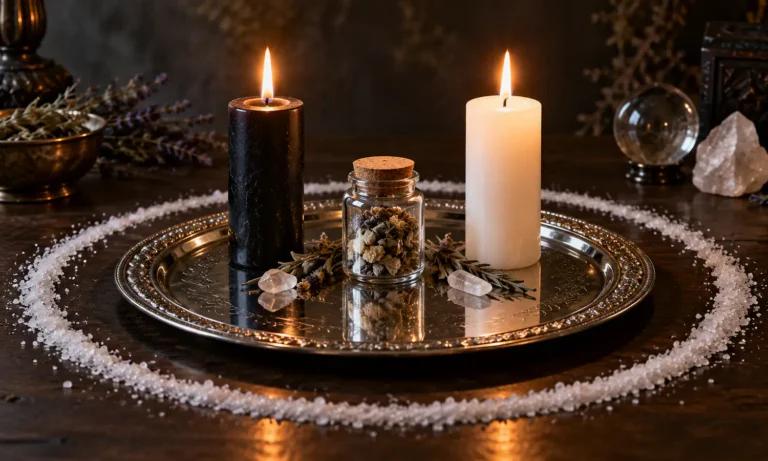 Black and white candles, sealed jar and salt circle illustrating reversal and cleansing