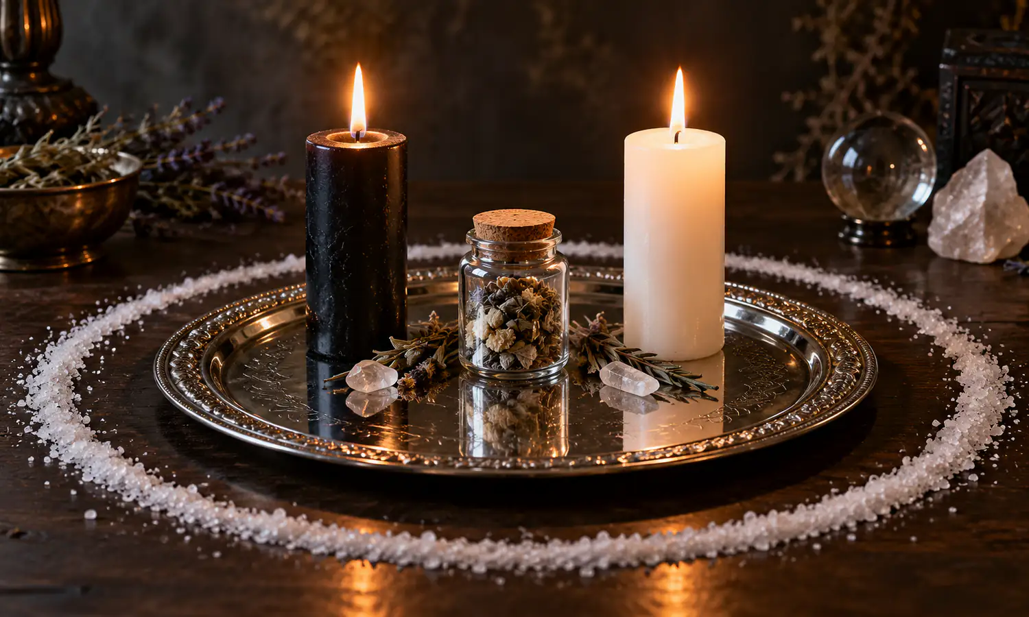 Black and white candles, sealed jar and salt circle illustrating reversal and cleansing