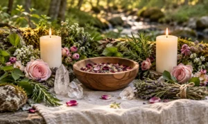 Nature-centered altar with ivory candles, flowers, herbs and clear quartz