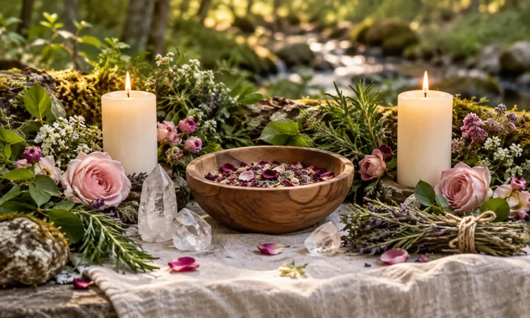 Nature-centered altar with ivory candles, flowers, herbs and clear quartz