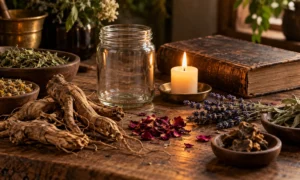 Roots, herbs, plain jar, candle and old book in a respectful historical still life