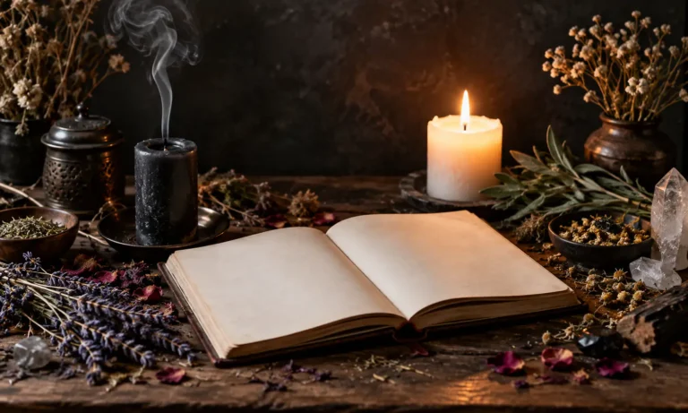 Extinguished black candle, white candle, blank journal and herbs illustrating myths and safety