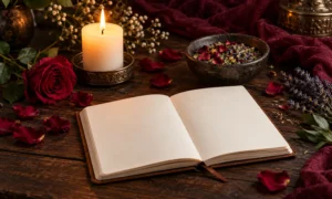 Pink candle, open journal, roses and rose quartz arranged for a beginner love ritual