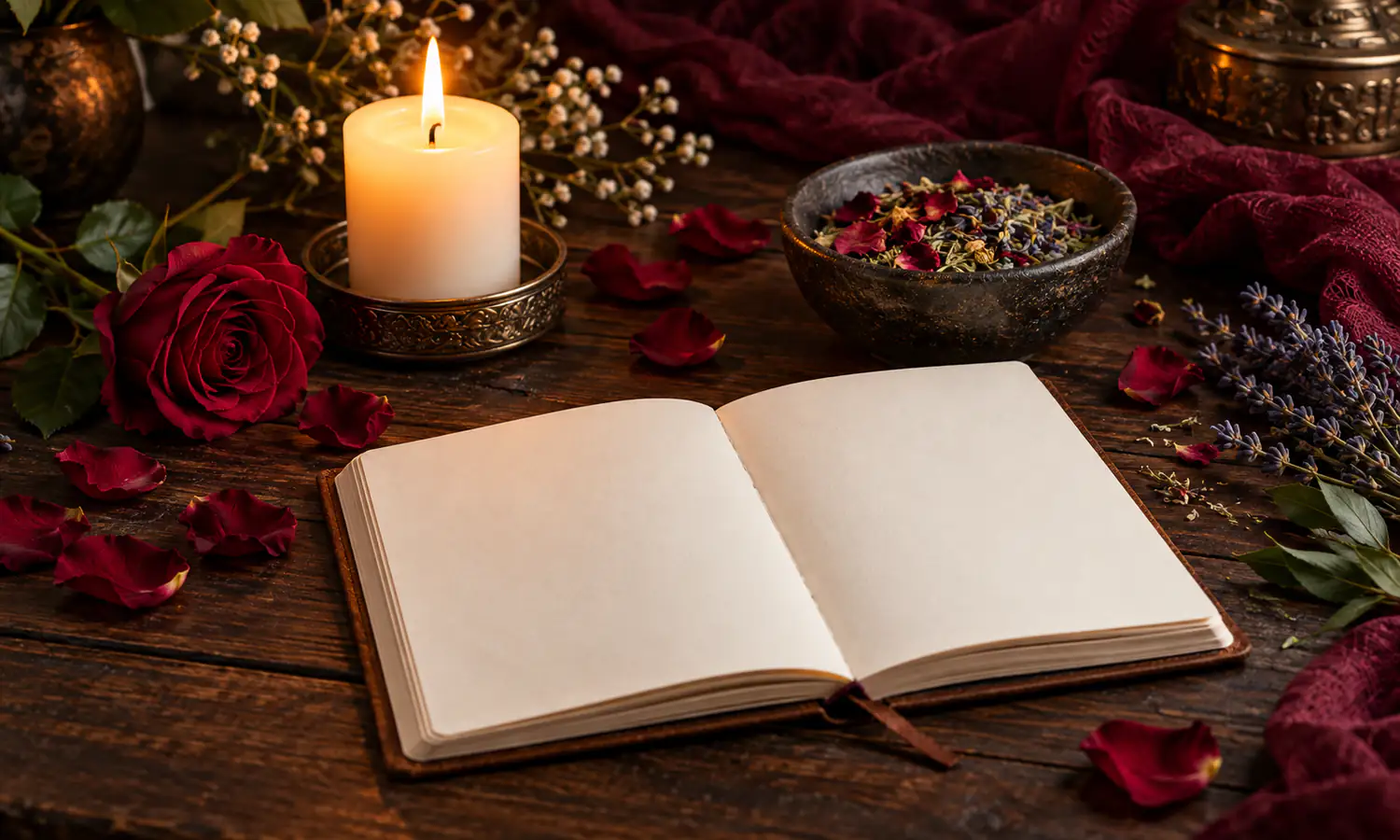 Pink candle, open journal, roses and rose quartz arranged for a beginner love ritual