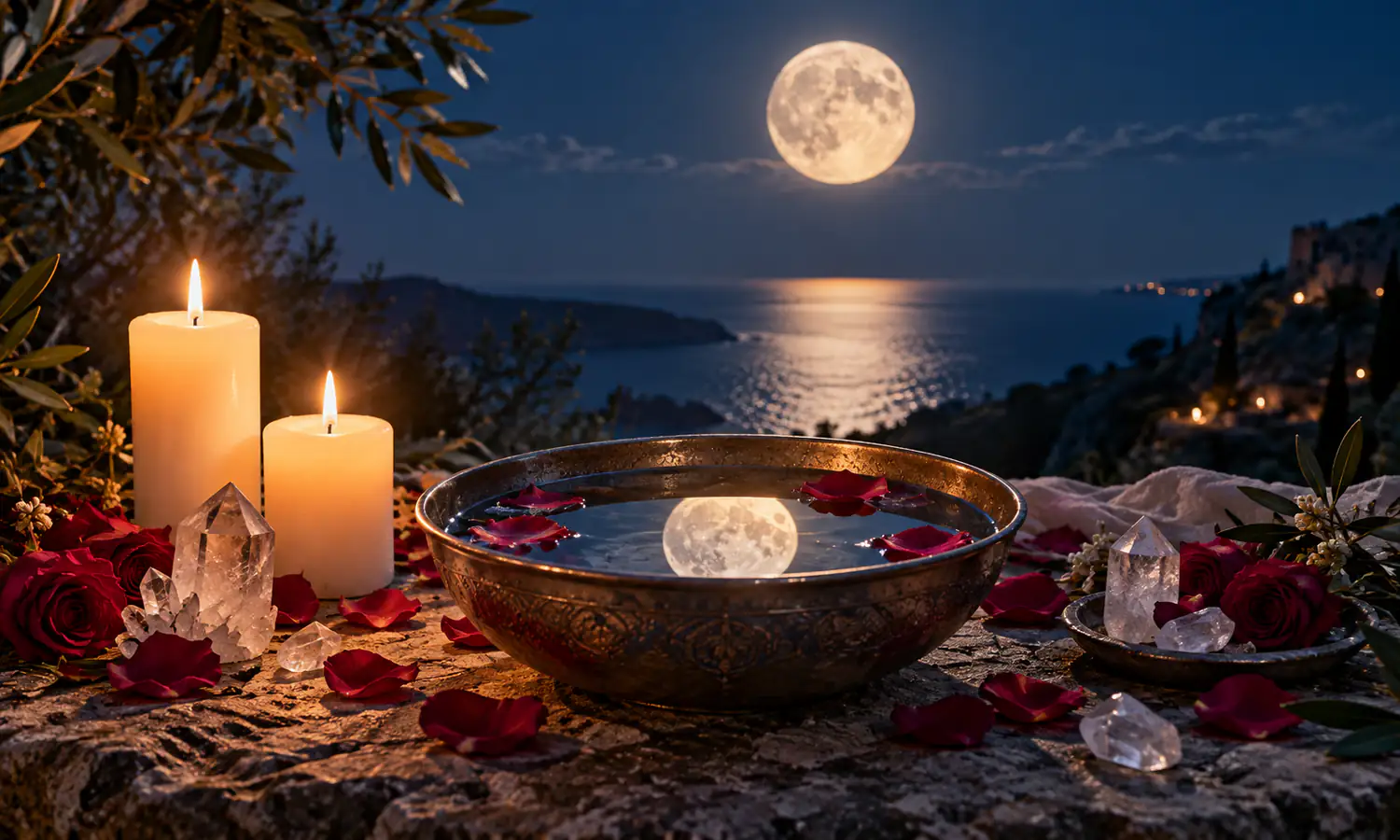 Candles, rose petals and moon reflection in water during a full moon ritual