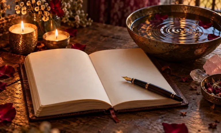Open blank journal, fountain pen, candles and ripples in a bowl of water