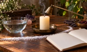 Candle being safely extinguished beside water, journal and a protective salt line