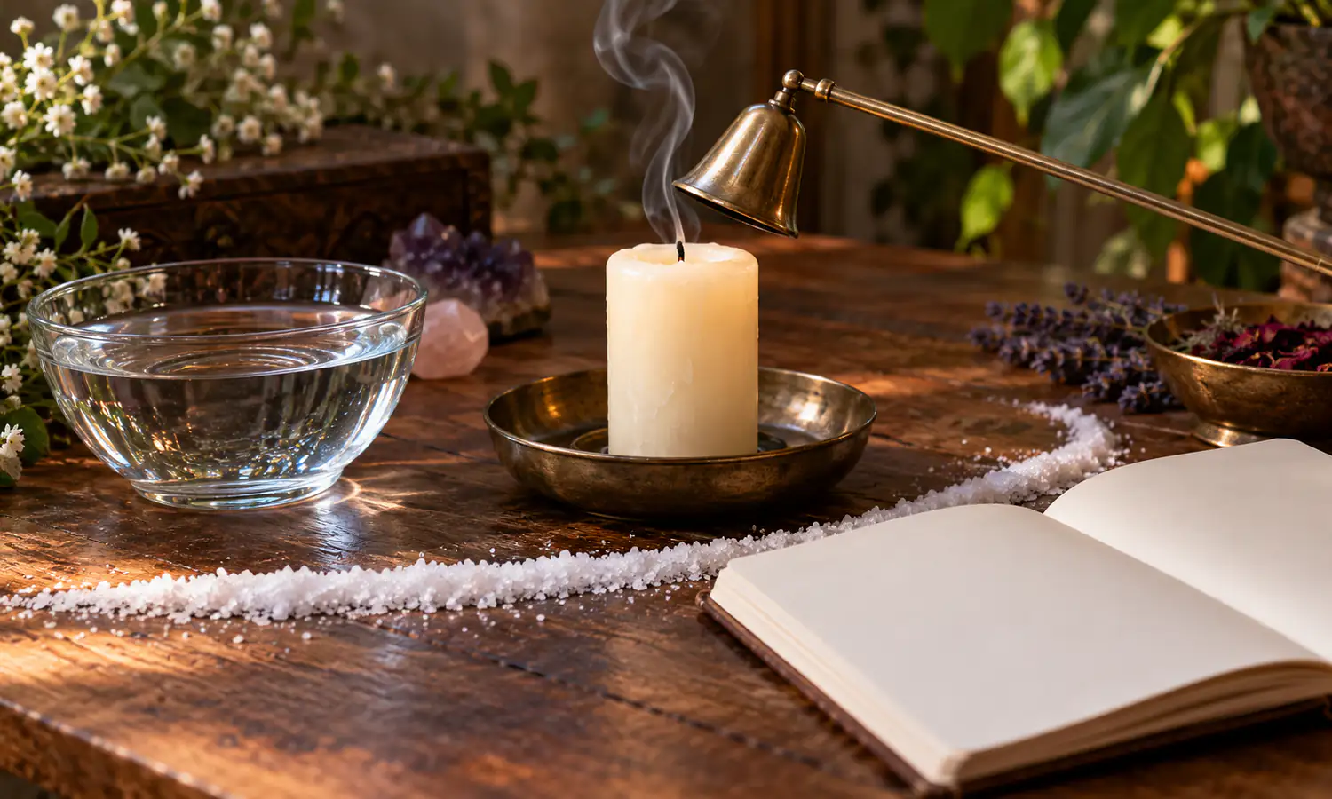 Candle being safely extinguished beside water, journal and a protective salt line