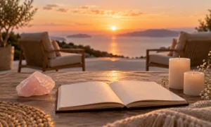 Blank journal, rose quartz and two unlit candles at sunrise