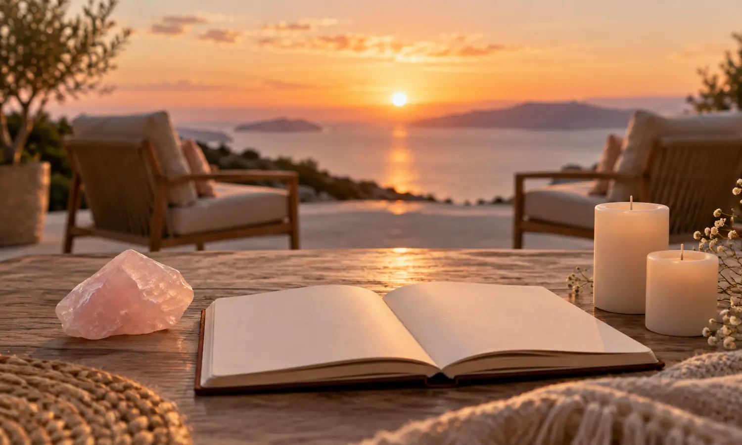 Blank journal, rose quartz and two unlit candles at sunrise