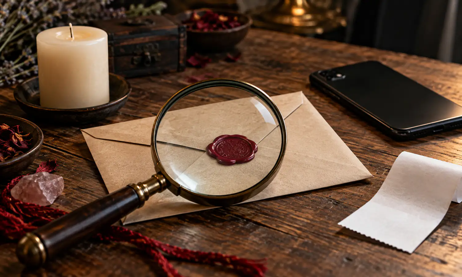 Magnifying glass over a sealed envelope beside a phone and blank receipt