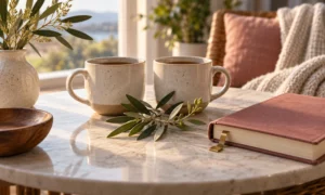 Two cups moving closer with a budding olive branch and blank journal