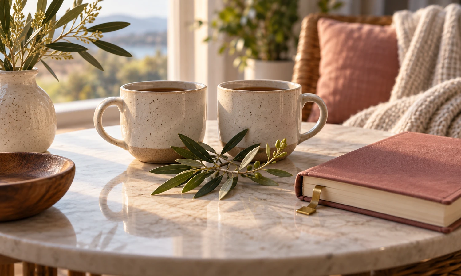 Two cups moving closer with a budding olive branch and blank journal