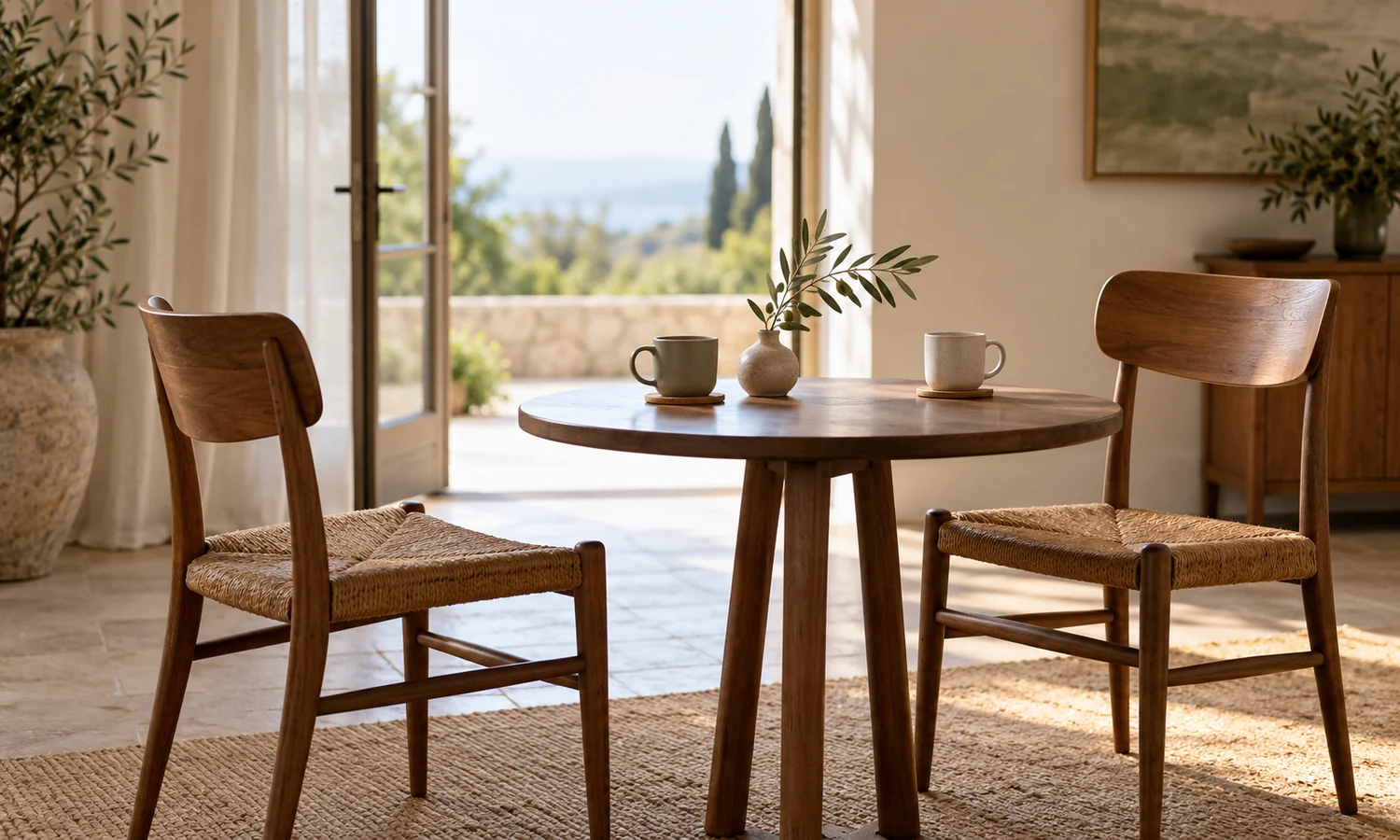 Two empty chairs with respectful space, separate cups, and an olive branch