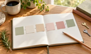 Blank planner, step cards, pencil, separate keys, and rosemary on an oak desk