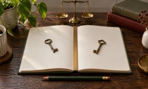 Blank journal, separate keys, balanced brass scale, and pencil