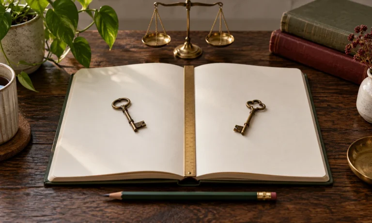 Blank journal, separate keys, balanced brass scale, and pencil