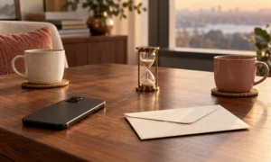 Face-down phone, sealed blank envelope, hourglass, and two separated cups