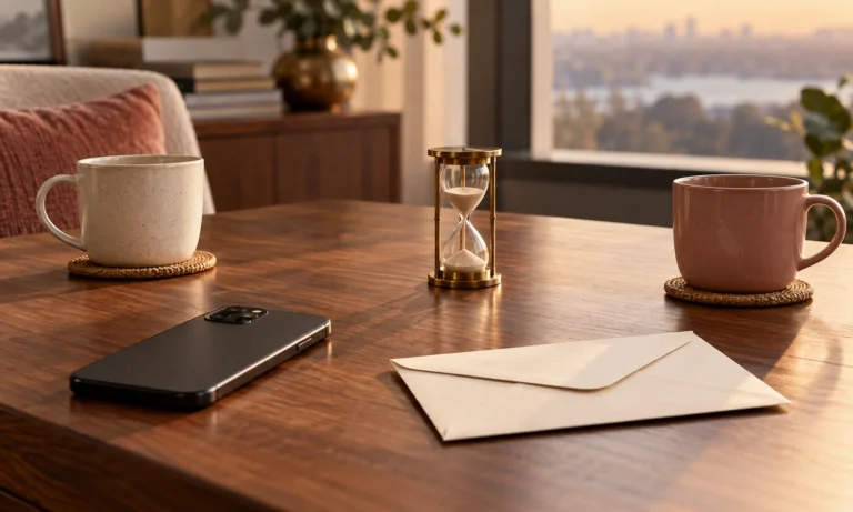 Face-down phone, sealed blank envelope, hourglass, and two separated cups