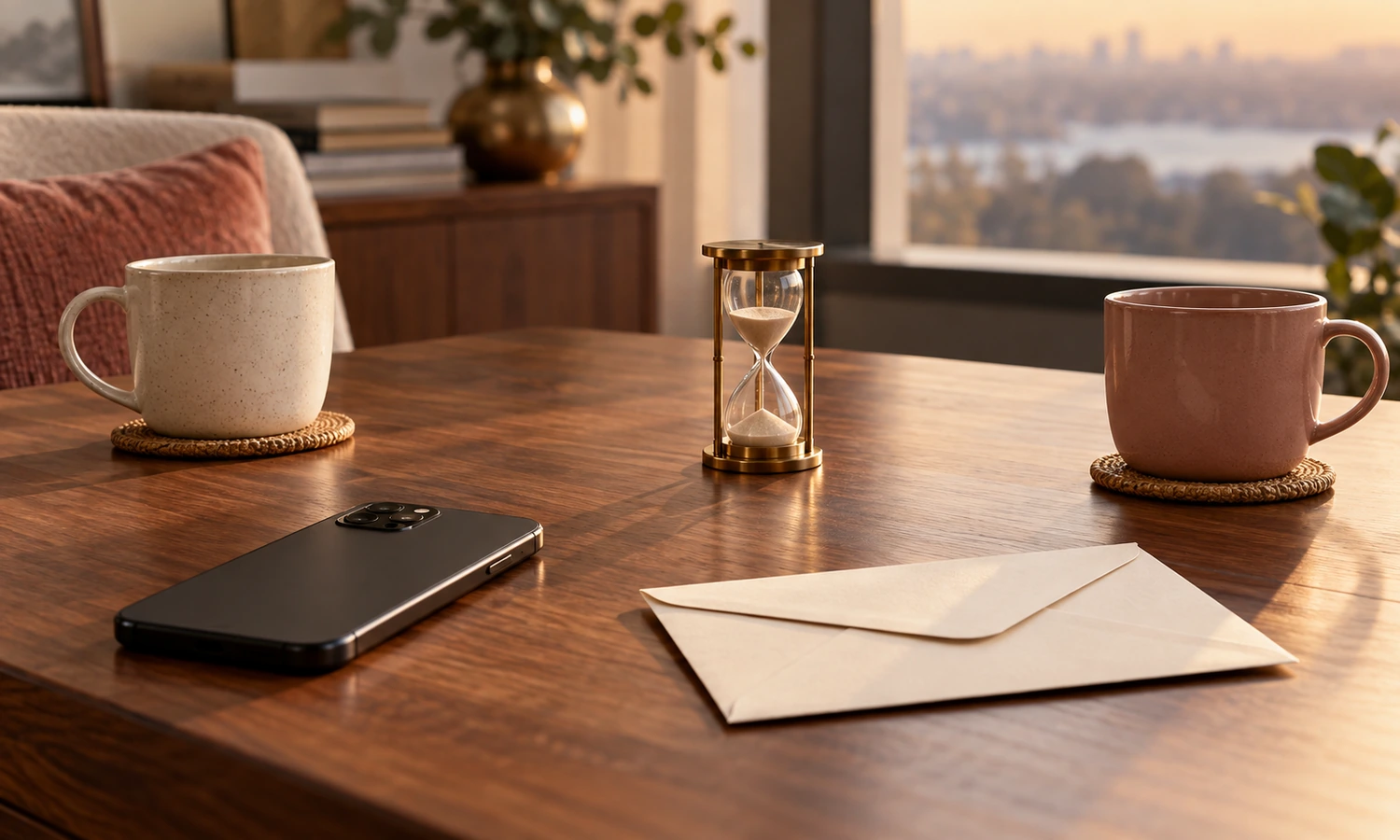 Face-down phone, sealed blank envelope, hourglass, and two separated cups