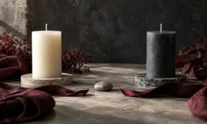 Ivory and charcoal candles separated by open space and a boundary stone