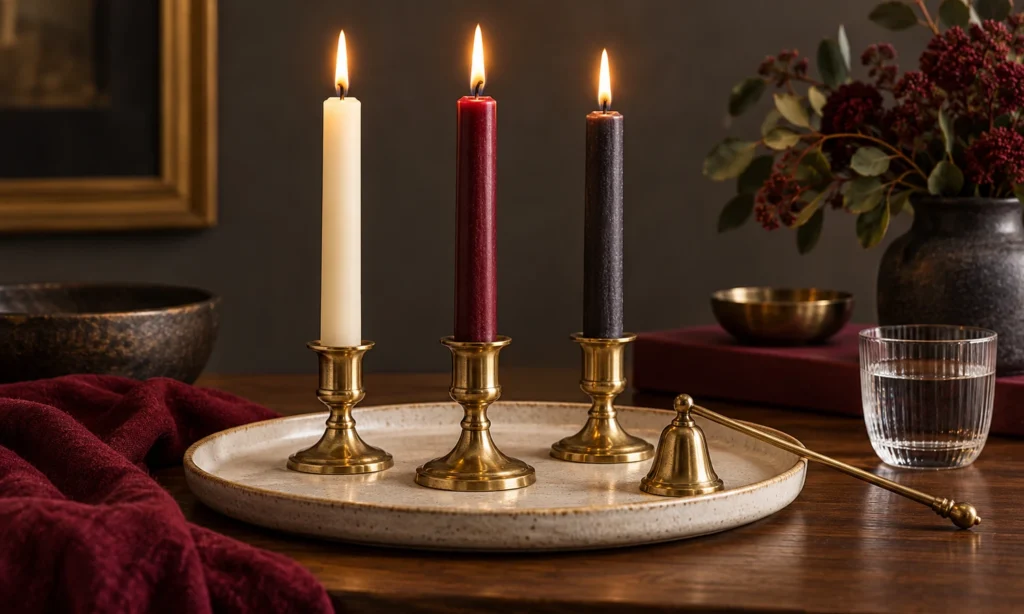 Ivory, burgundy, and charcoal candles on a heat-safe tray with a snuffer