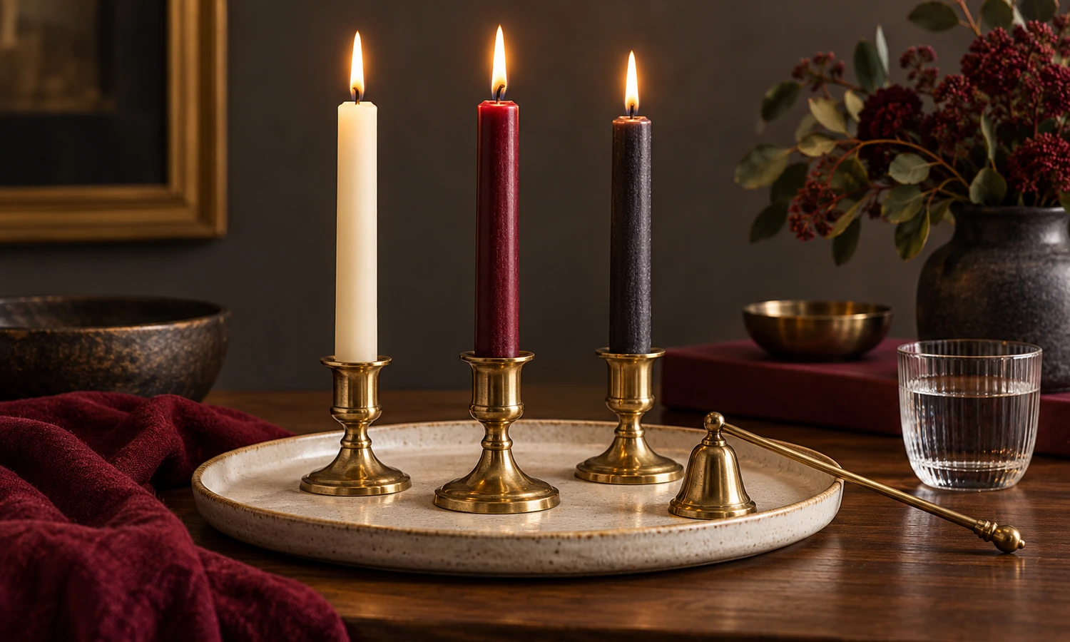 Ivory, burgundy, and charcoal candles on a heat-safe tray with a snuffer