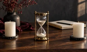 Brass hourglass between separated candles with a blank notebook and pencil