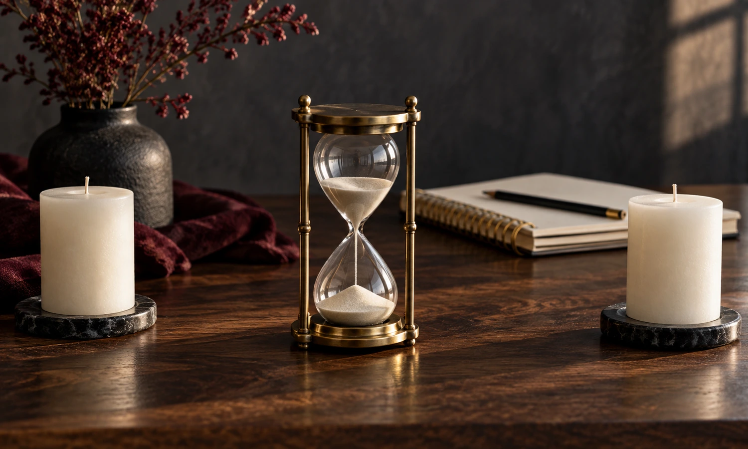 Brass hourglass between separated candles with a blank notebook and pencil