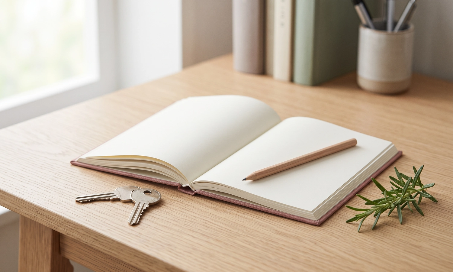 Open journal, pencil and keys for healthy reconnection planning