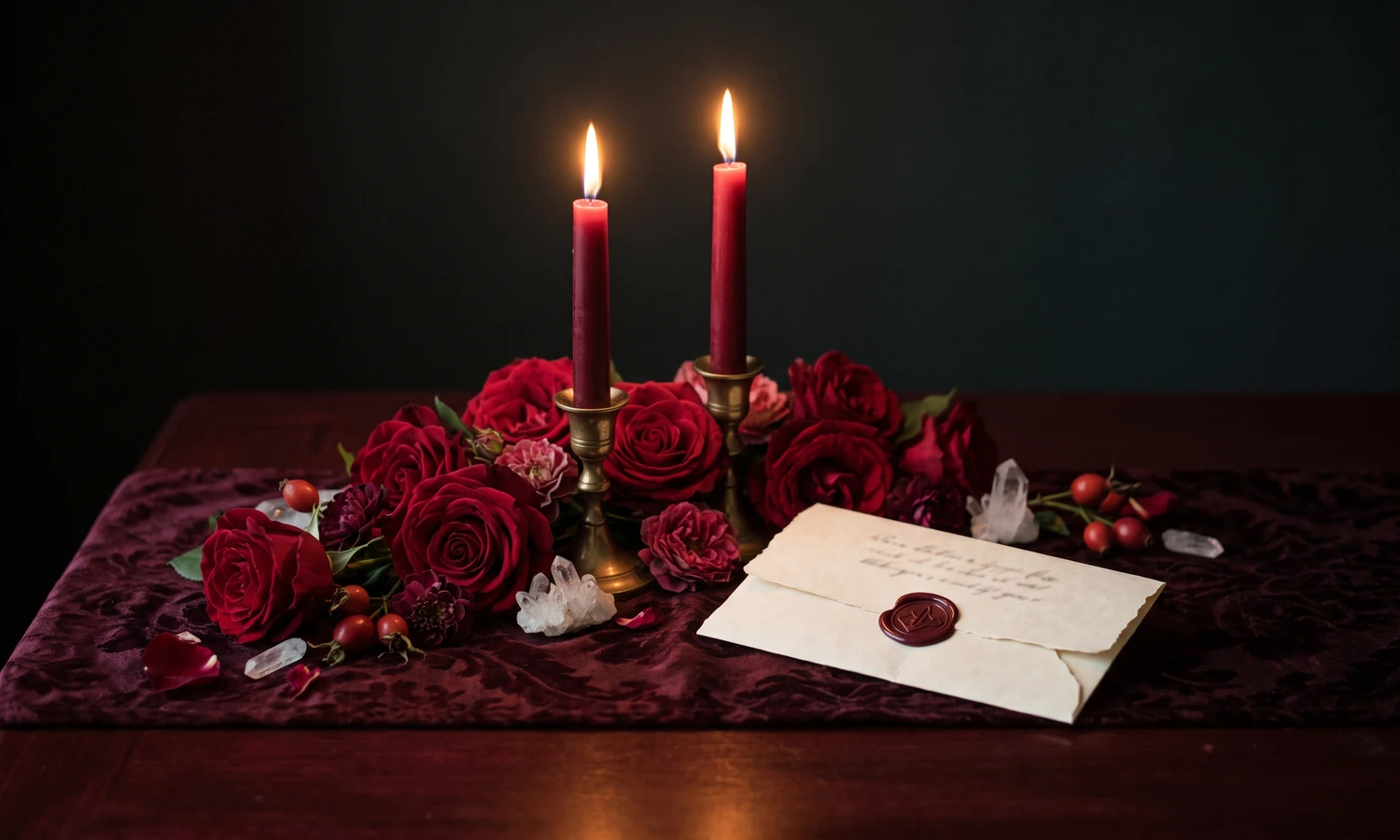 Red candles, roses, crystals and a sealed letter for love spell guidance