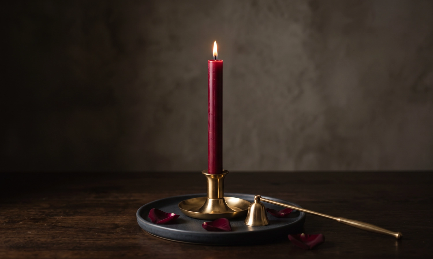 Lit red candle with brass snuffer and rose petals for candle safety