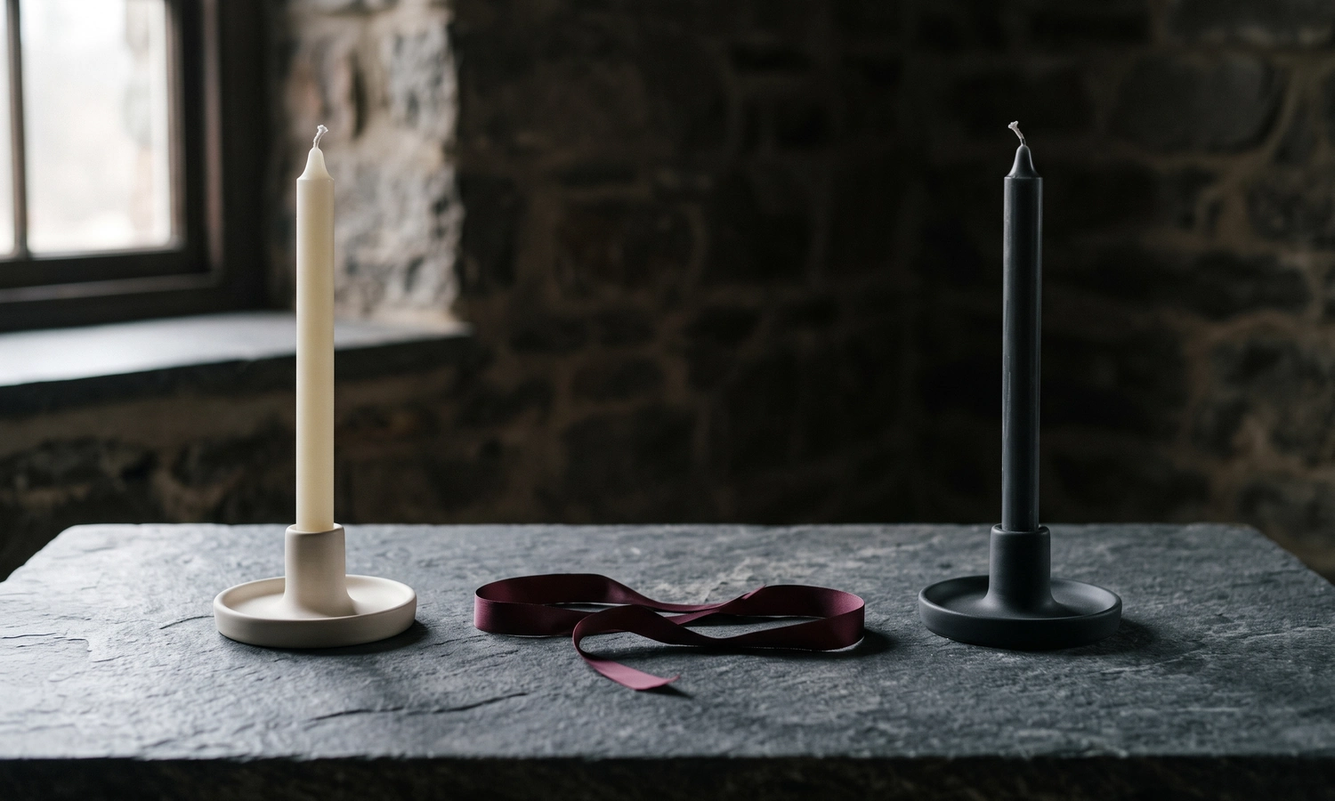 White and black candles separated by a loose ribbon