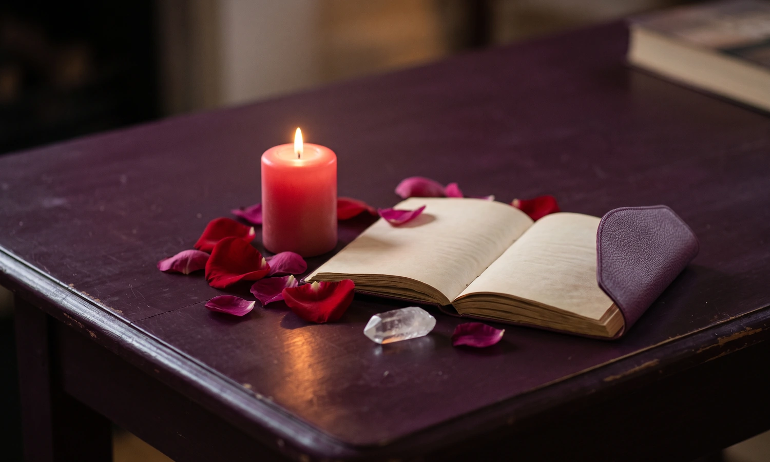 Open journal beside a candle, rose petals and clear quartz