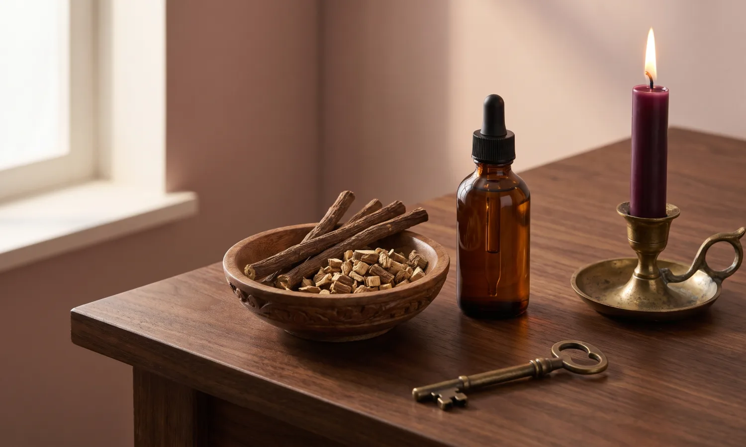 Licorice and calamus root, amber oil bottle and purple candle for a commanding spell