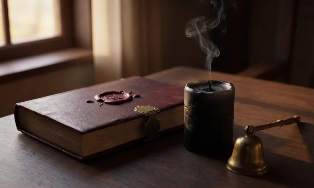 Snuffed black candle with rising smoke beside a closed old book and a broken wax seal