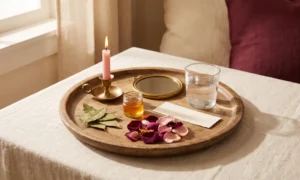 Beginner love ritual tray with a pink candle, bay leaves, honey, rose petals and a mirror