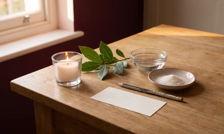 Tea-light candle, bay leaves, bowl of water and sugar for a simple free love ritual