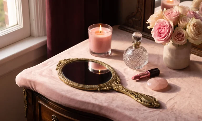 Vintage gold hand mirror, perfume bottle, pink roses and candle for a glamour spell