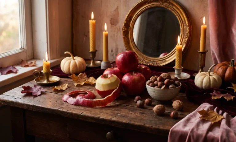 Halloween love divination table with apples, a spiral apple peel, nuts, a mirror and candles