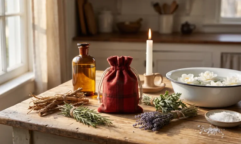 Red flannel mojo bag, dried roots, oil bottle and white candle on a farmhouse table