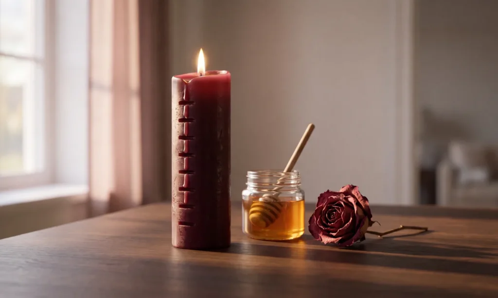 Half-burned notched red candle beside a honey jar and a dried rose