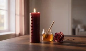 Half-burned notched red candle beside a honey jar and a dried rose